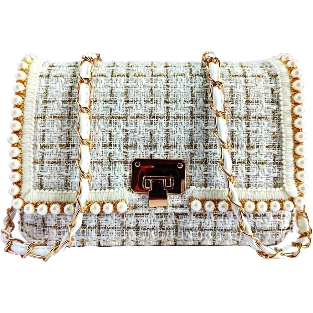 Women's White Shoulder Chain Purse Fashion Clutch Crossbody Retro Tweed Satchel